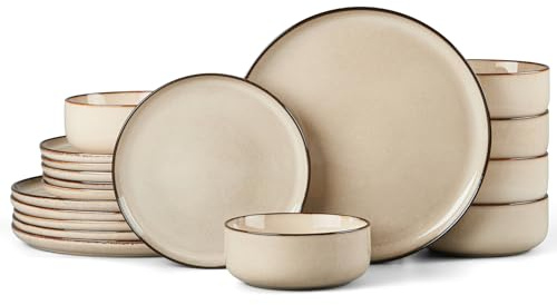 HaWare 18 Piece Dinner Set, Stoneware Dinnerware Service for 6, Reactive Glaze Dining Ware Include Plates and Bowls, Chip and Scratch Resistant, Microwave & Dishwasher Safe, Cream Khaki