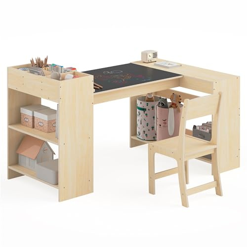 bbgroundgrm Kids Art Table and 1 Chairs Set, Kids Craft Table with Storage,Wooden Set for Toddlers, Activity Desk for Children Painting, Reading, Learning