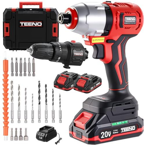 TEENO 20V Brushless Cordless Drill and Impact Driver Combo Kit, 2-in-1 Interchangeable Power Tool Set with 2x 1.5Ah Batteries, Fast Charger, 19 Pcs Drill Bits Accessories & Hard Storage Case
