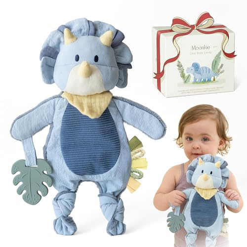 Moonkie Schmusetuch Baby Dinosaurier mit Silikon Beißring | 3-in-1 Superweich Kuscheltier | Kopf mit Rassel| Crinkle Ohren | Strukturierten Bändern | Sensorik Spielzeug | Taufgeschenk Junge ab 0M+