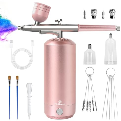 PHILORN Airbrush Kit with Compressor,Portable Wireless Air Brush for Barber, Nail Art, Cake Decor, Makeup, Model Painting，Pink
