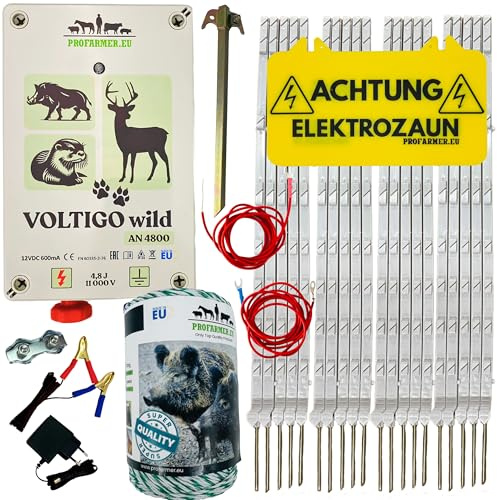 Starkes Weidezaungerät 12V/230V 4,8J – Elektrozaun Komplettset inkl. 250m Litze, Zaunpfähle, Erdung – Für Wildschweine, Wölfe, Rehe, Pferde, Rinder, Hunde
