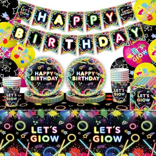 Glow Neon Partygeschirr Set, Glow Neon Geburtstag Party Geschirr,in the Dark Papier Geschirr, für Kinder Geburtstag Party Supplies Halloween (Farbe-2)