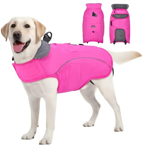 Eyein Hundemantel Winter, Wasserdichter & Winddichter Warm Fleece Hundejacke mit D-Ring und Tasche, Reflektierende Winterweste mit verstellbarem Hals- und Brustbereich für Mittelgroße Hunde, Rosa, L