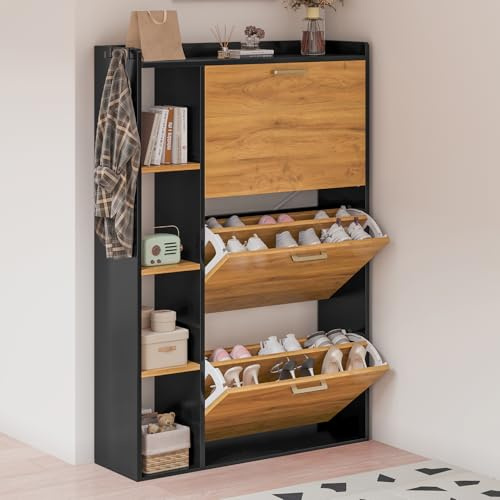 Saitedudu Schuhschränke schmal, Schuhkipper mit 3 Flip-Schubladen,Schuhregal schmal mit 4 Regalböden für den Eingang, Flur, Wohnzimmer oder Veranda 122x80x24cm (977N)