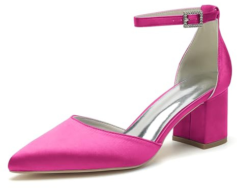 HFWXYSA Scarpe da Sposa Sandali con Tacco Largo Basso da Donna Punta A Punta Scarpe da Matrimonio in Raso Cinturino alla Caviglia Décolleté,Fuchsia,42 EU