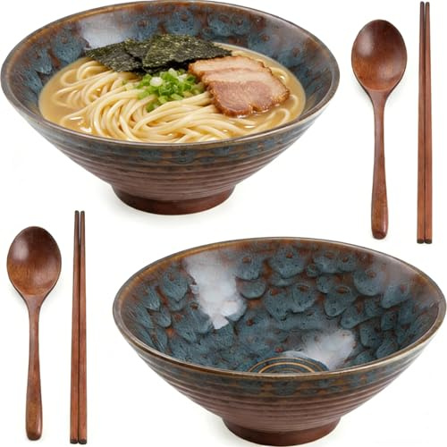 Tazón Ramen Japonés de Cerámica 1200ml 20.5 x 9cm Cuenco Fideos Chino Azul con Palillos y Cuchara Ramen Madera Cuencos de Cereales Cuencos de Sopa para Desayuno Pasta Ramen Lavavajillas y Microondas