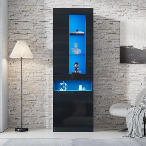 Merax LED-Vitrine Schwarz Hochglanz – Standvitrine Vitrinenschrank mit Glasböden, USB LED Licht, Stauraumvitrine, Sideboard, Bücherregal, Wohnzimmerschrank, Buffet-Schrank - 50x180x40 cm