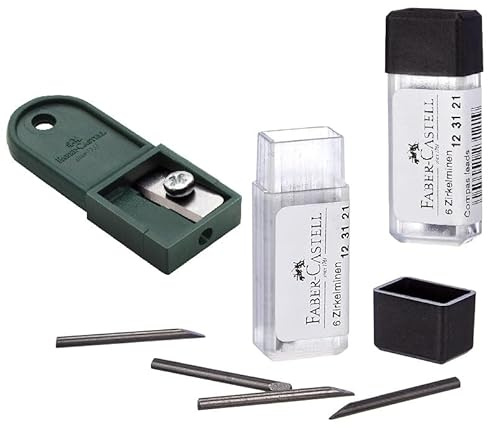 Faber-Castell Zirkelminendose, Ersatzminen für alle Zirkel universell passend Bleiminen mit angeschrägter Spitze, Härtegrad H (2x 6er Dose | Spitzer)