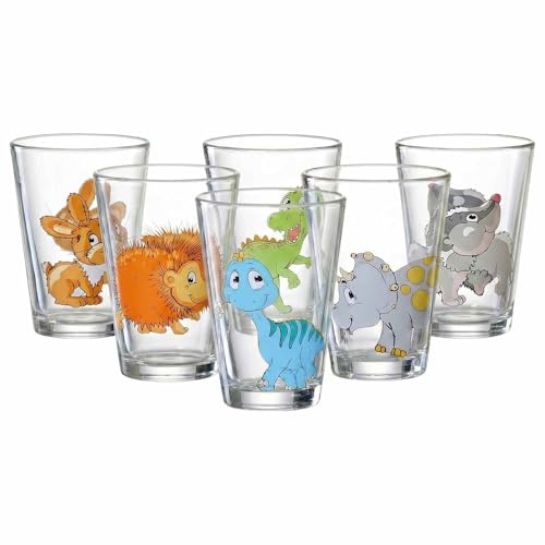 Ritzenhoff & Breker Kindergläser Dino & Waldtiere, 6er Set, 200 ml, Bedruckte Kinderbecher mit Dinosaurier- & Tiermotiven, Spülmaschinengeeignet