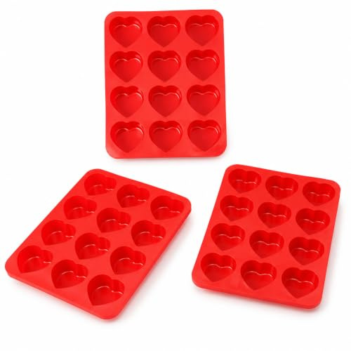 Vexaflow Set da 3 Stampo in Silicone a Cuore 12 Cavità, Teglia per Torte e Ciambelle a Forma di Cuore, Stampo Antiaderente per Muffin, Budino, Cioccolato, Ghiaccio e Dessert Casa, 26 x 19,7 cm