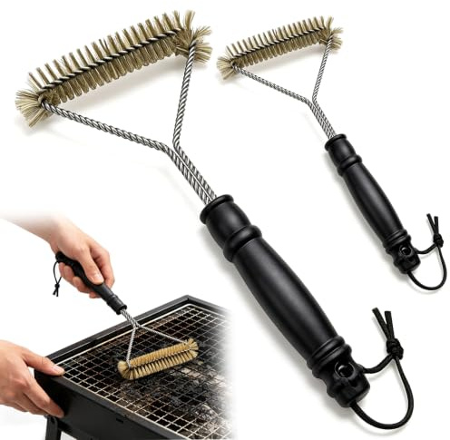 2 Pièces Brosse Barbecue Laiton, Brosse Nettoyage Grille BBQ | 30cm Brosse Barbecue Triangulaire avec Poils en Cuivre, Manche Long et Trou de Suspension pour Gril Gaz, Charbon, Fumoir
