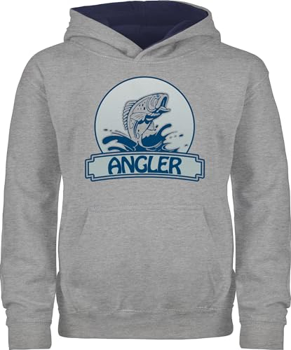 Pullover Kinder Hoodie Jungen Mädchen - Sport Kleidung - Angler Button - 128 (7/8 Jahre) - Grau meliert/Navy Blau - hoody kids winter mit kapuze jungs pulli geschenk für fischer 25. geburtstag