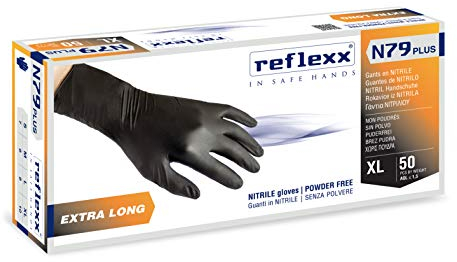 Reflexx N79P/L Guanti in Nitrile senza Polvere, Nero, 50 pezzi