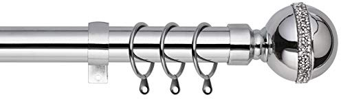 Bling Ball Extendable Curtain Pole. Includes Pair Of Superior 60mm Size Finials, Rings, Brackets & Fittings Set. (Chrome, 160cm - 300cm, 63 Inch to 118 Inch)