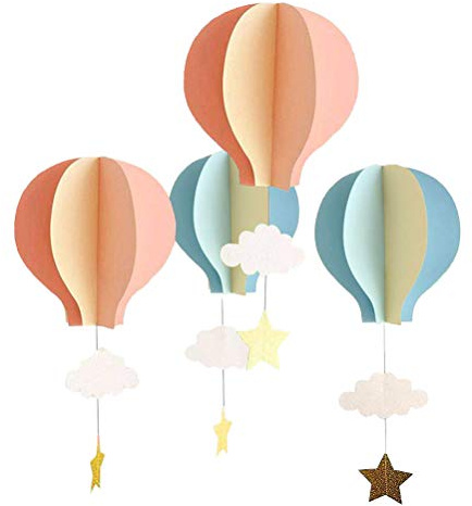 YeahiBaby, 4 festoni di carta, in 3D, a forma di nuvola e mongolfiera, decorazioni da appendere, per matrimoni, baby shower, feste di compleanno