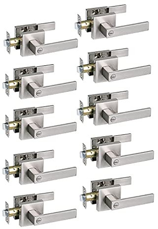 Bed /Bath Room Door Lever for Privacy Bathroom and Interior Door Heavy Duty Door Lock Handle Satin Nickel Finish, HTL01-SN-BK-10P