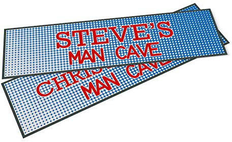 Purple Print House Personalised Bar Runner - Blue Red Man Cave - Custom Text Rubber Bar Mat - Home Bar Accessories for home pub (Small - 440x250)