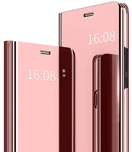 MadBee Funda OnePlus 7 Pro [Protector Pantalla], Fundas de Espejo Elegante Brillante Standing Flip Carcasa Cover Carcasa Funda Case para OnePlus 7 Pro (Rosado)