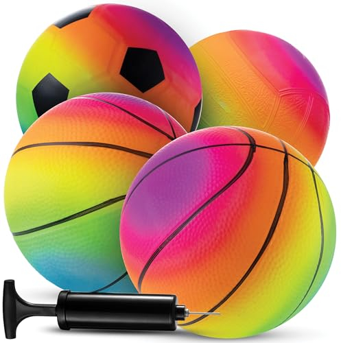 Mini Rainbow Kids, Toddler Football - 5 Inch (Pack of 4) Inflatable Ball Made from Vinyl with Hand Pump Football, Neon Basketball, Soccer Ball, and Volleyball for Playground, Indoor and Outdoor Use
