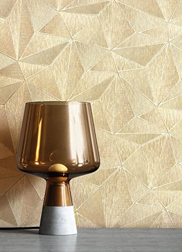 Newroom Vliestapete Gold Dreiecke Metallic Tapete Wohnzimmer | Metallic-Schimmer, glänzende Konturlinien, 3D-Facettenmuster im Art-Deco-Stil, Mustertapete für Schlafzimmer, Büro und Flur