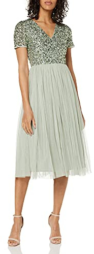 Maya Deluxe Abendkleid mit Pailletten - Cocktailkleid Damen mit V-Ausschnitt - Tüllkleid Damen mit Kurzen Ärmeln