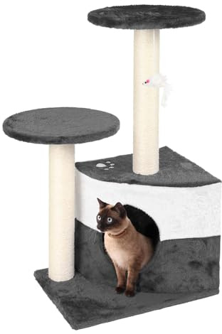Wiltec Kratzbaum in Grau 71 cm hoch, Katzenkratzbaum mit Zwei Plattformen, Katzenbaum mit Höhle und Spielball, Kletterbaum für Katzen