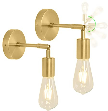 HTRUIYATY 2 Pack Vintage Lámparas de Pared Industriales Apliques de Pared Metal Dorado Giratorias 180° Como Lámparas de Noche, Pasillo, Loft, Apliques Baño