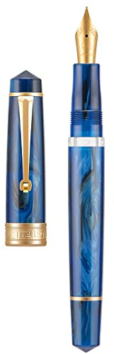 Asvine Penna stilografica P20 Galaxy blu con riempimento a stantuffo, placcata oro, punta fine liscia, con custodia regalo