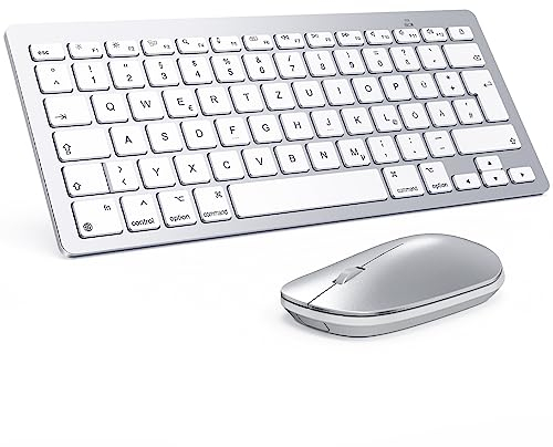 OMOTON Bluetooth Tastatur Maus Set für Mac, Kompakte kabellose Tastatur und Maus Kombination kompatibel mit MacBook Pro/Air, iMac, iMac Pro, Mac mini, Mac Pro, QWERTZ DE-Layout, Silber