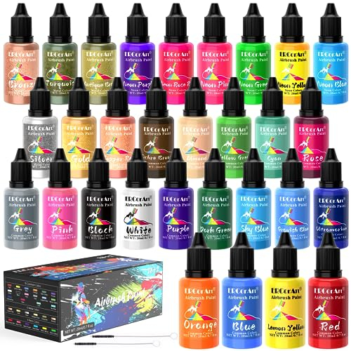 ERCorArt Airbrush Paint Set 30 Colours Acrylic Air Brush Paint, Water Based Airbrush Paints for Metal, Plastic Models, Shoes, Glass, Wood, Paper, DIY Crafts - 20 ml/Bottle