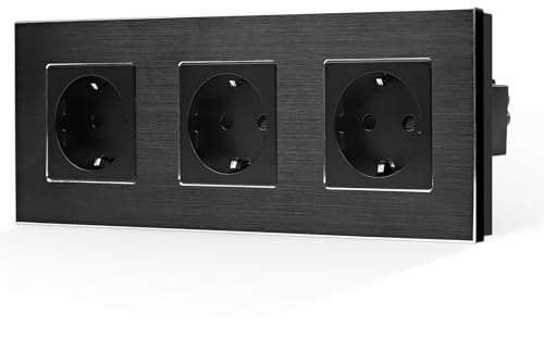 CNBINGO Aluminium Schuko Socket Flush-Mounted, Protective Contact Installation Wall Socket with Aluminium Frame, Triple Black