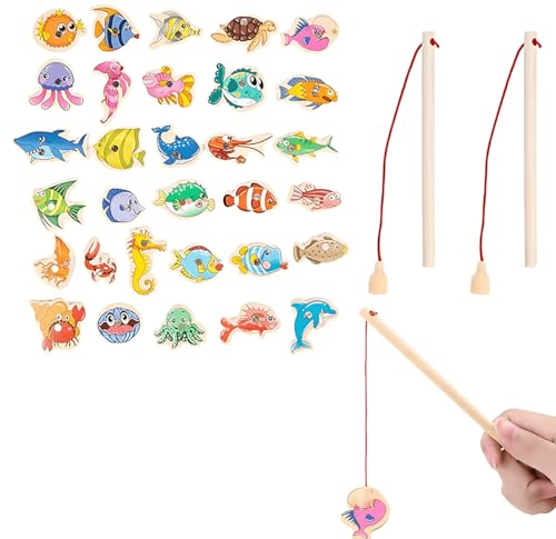 NHPY 33 Stücke Magnetisches Angelspiel Holzspielzeug, Baby Motorik Spielzeug Montessori Sortierspiel Holzpuzzle Lernspielzeug für Kinder als Geburtztag Geschenk