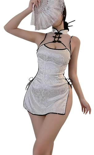 QNCLO Ropa de cosplay sexy para mujer, mini vestido ajustado con abertura, estilo qipao, ropa interior china para club nocturno, White1, Talla única