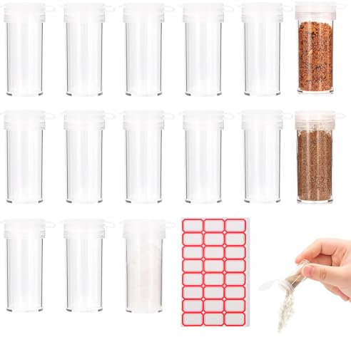 15 Pezzi Mini Saliera in Plastica, Spargisale in Plastica, Saliera in Plastica con Coperchio, Mini Saliera in Plastica da Viaggio ed Etichette Adesive, Portaspezie per Saliera e Pepiera