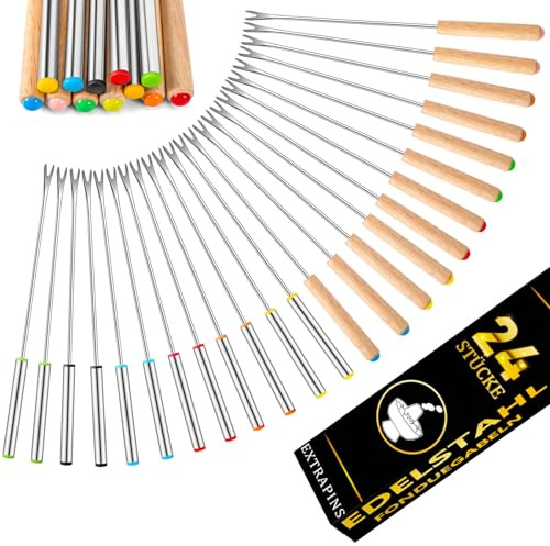 EXTRAPINS 24 Stück Fonduegabeln Edelstahl,23.5 cm Spieße Fondue Gabeln,Fondue Gabel mit 12 Holzgriffe und 12 Edelstahlgriffe,Fondue Spieße für Schokoladen Dessert Käsegabeln,6 Farben