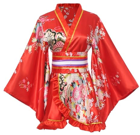 BPURB Kimono Japansk Traditionell Geisha Yukata Cosplay Kvinnor Sexiga Körsbärsblommor Patten Nattrock Med Obi Bälte, Röd, M