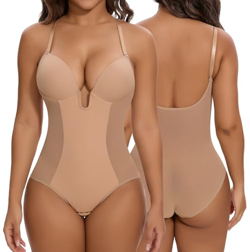 SHAPERIN Women Backless Bodysuit Shapewear Tummy Control Body Shaper with Built In Bra Sexy U Plunge Bodysuit Push Up, Beige, L