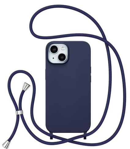 ZTOFERA Handykette Hülle Kompatibel mit iPhone 15, Liquid Silikon Handyhülle mit Umhängeband, Schutzhülle mit Band Kordel zum Umhängen Necklace Hülle für iPhone 15, Dunkelblau