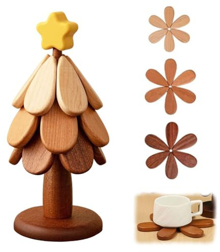 XIUWOUG sous-Verres d'arbre de Noël,sous-Plats en Bois pour Plats Chauds,Dessous de Plat décoratifs en Bois,Coussins Chauffants pour casseroles et poêles,Star