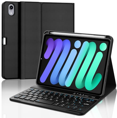 Coque Clavier pour iPad mini A17 Pro 2024 8.3 Pouces e iPad mini 6 ème Gén 2021, Housse Claviers sans Fil Bluetooth DéTachable (sans Rétroéclairage) pour iPad mini 7/6, AZERTY Français, Noir