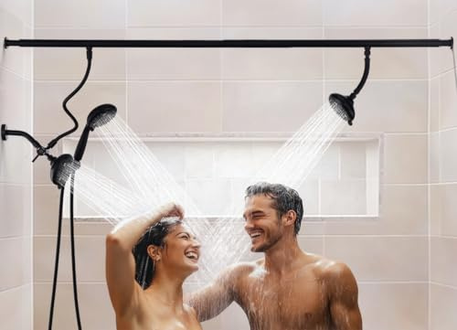 V-Frankness Double pommeau de douche pour couples, haute pression et système de pommeau de douche tandem multimodal réglable pour deux personnes, inverseur à 3 réglages avec support, tuyau extra long