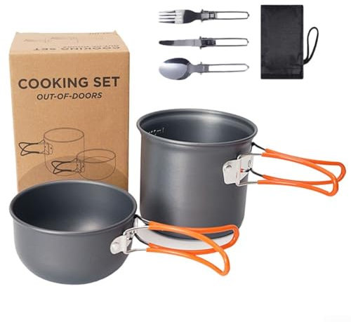 Jonikuper Batterie de cuisine de camping en plein air pour 1 à 2 personnes, ensemble de casseroles et poêles en aluminium anti-adhésif portable avec poignées pliables, compact et léger (poignée