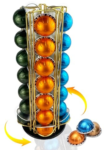 Wrobic Kapselhållare för Nespresso Vertuo kapslar, kaffekapselställ roterande Pod Rack håller Nespresso Vertuoline kapslar (35 pods), Golden