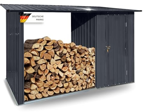 Albatros Profi Gerätehaus M –Geräteschuppen mit Holzunterstand für 2,3m³ Holz, verzinktes Metall in Anthrazit (RAL 7016) | 266x127x161cm | wetterfester Gerätelager Gartenschrank