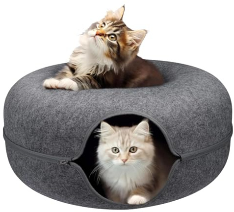 Dezain® Pet - Katzenbett Donut - runde Katzenhöhle aus Filz – teilbar in Zwei Hälften – als Katzenschlafplatz & Versteck – Kuschelhöhle für Katzen – dunkelgrau – Ø 50 cm, Höhe 20 cm