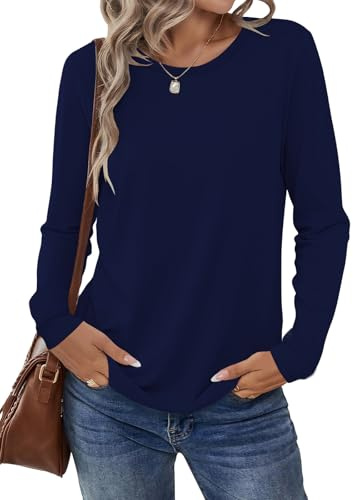 Cuptacc T Shirt Damen Langarm Oversized Herbst Winter Rundhals Longsleeve Oberteil Locker Elegant Einfarbig Langarm T Shirt Damen Marineblau L Groß