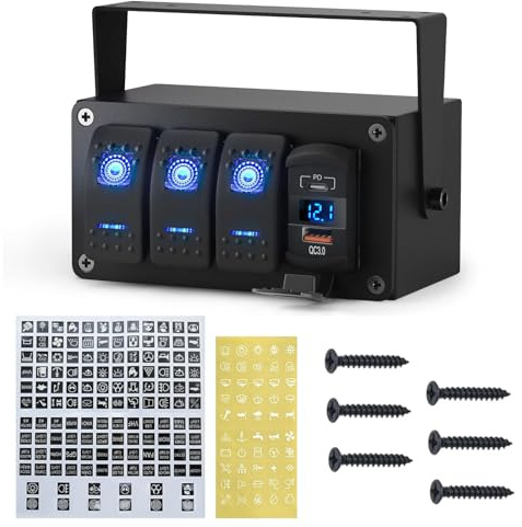 12V Schalter Panel, 12V/24 3-Gang Schalterpanel, Boot Schalterpanel 12V | Wasserdicht Truck Control System mit Digitalem Voltmeter PD & QC3.0 Ladeanschluss, für RV Marine Boot Auto Fahrzeuge LKW