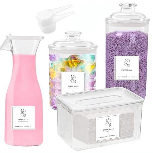 Tefola 4 Pack Clear Acrylic Laundry Detergent Storage Container for Wash Pods, Fragrance Beads, Bleach, Laundry tablets, Include Lids, Labels, Scoop, Utility Room Storage Solutions