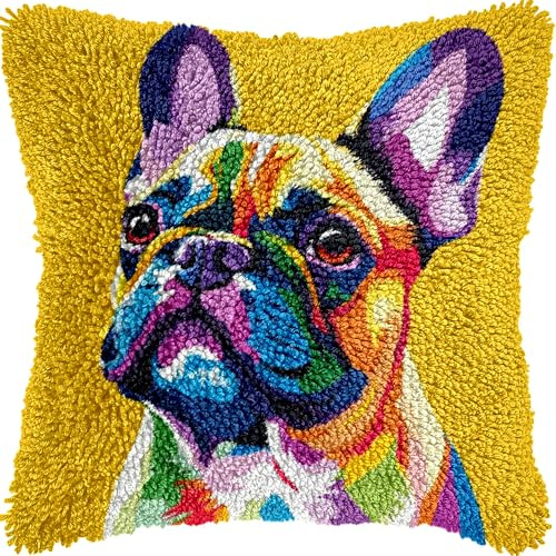 French Bulldog DIY Latch Hook Kits Pillow with Printed Canvas Cushion Crochet Yarn Embroidery Hook and Latch Kit Pillowcase Christmas Decor 43x43cm(3)